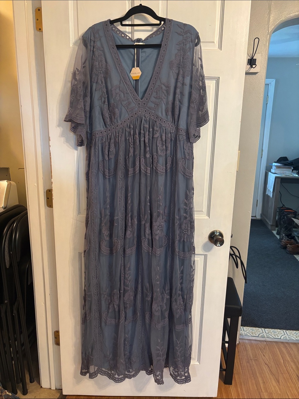 Pinkblush Dusty Blue Lace-Embroidered V-Neck Maxi Dress
